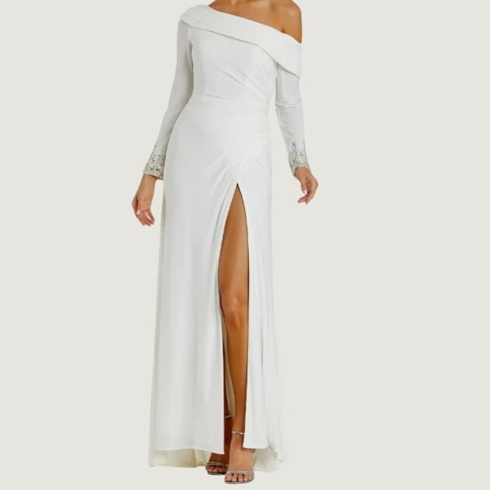 Mac Duggal 12231 Jersey Drop Shoulder Faux Wrap Gown 0 White Crystal Cuff Glam